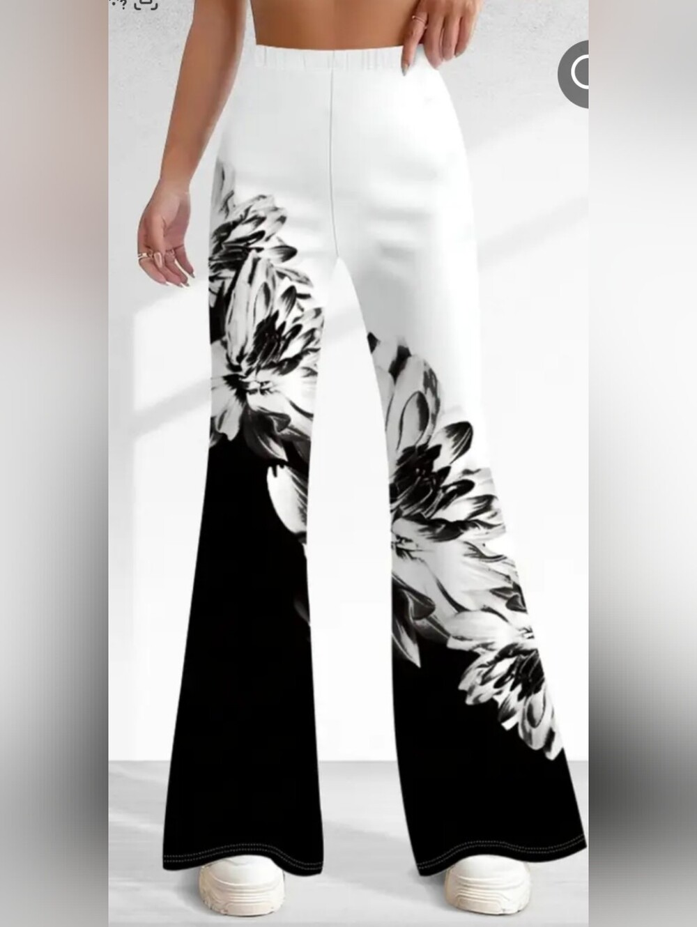 Floral Contrast Wide-Leg Pants - White/Black